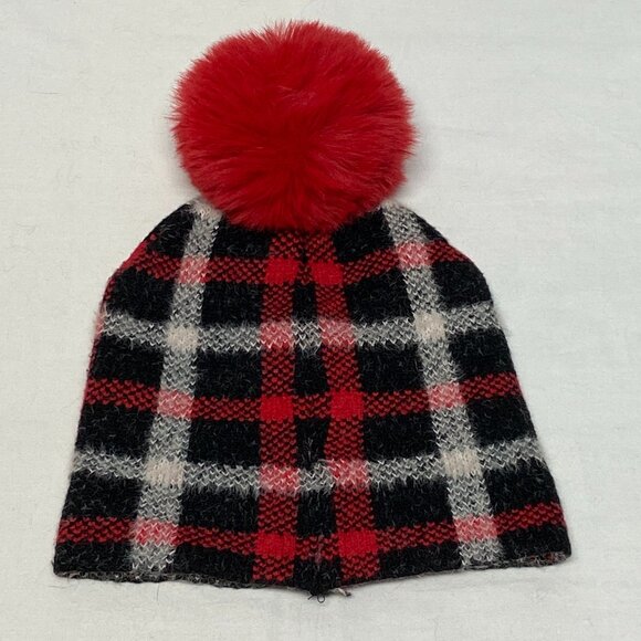 Rhinestone Bling Fuzzy Beanie Hat Pom Pom Plaid Red Black White Warm Winter Chic - Picture 5 of 8